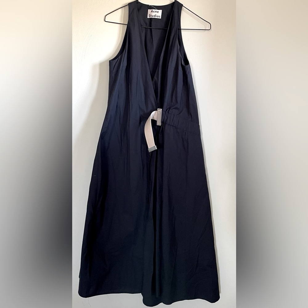 ACNE STUDIOS chen pop midnight blue buckled wrap midi dress poplin/cotton/belt